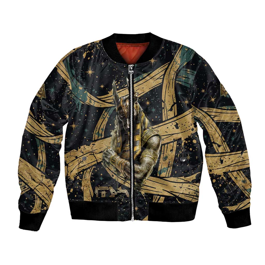 Anubis Ancient Egyptian Bomber Jacket with Starry Mummy Wrap Pattern, Anubis Warrior Illustration, and Pyramid - Wonder Print Shop
