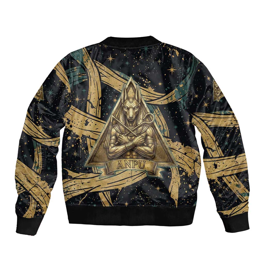 Anubis Ancient Egyptian Bomber Jacket with Starry Mummy Wrap Pattern, Anubis Warrior Illustration, and Pyramid - Wonder Print Shop
