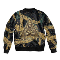 Anubis Ancient Egyptian Bomber Jacket with Starry Mummy Wrap Pattern, Anubis Warrior Illustration, and Pyramid - Wonder Print Shop