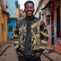 Anubis Ancient Egyptian Bomber Jacket with Starry Mummy Wrap Pattern, Anubis Warrior Illustration, and Pyramid - Wonder Print Shop
