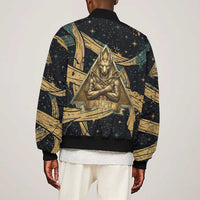 Anubis Ancient Egyptian Bomber Jacket with Starry Mummy Wrap Pattern, Anubis Warrior Illustration, and Pyramid - Wonder Print Shop