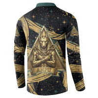 Anubis Ancient Egyptian Button Sweatshirt with Starry Mummy Wrap Pattern, Anubis Warrior Illustration, and Pyramid