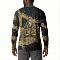 Anubis Ancient Egyptian Button Sweatshirt with Starry Mummy Wrap Pattern, Anubis Warrior Illustration, and Pyramid