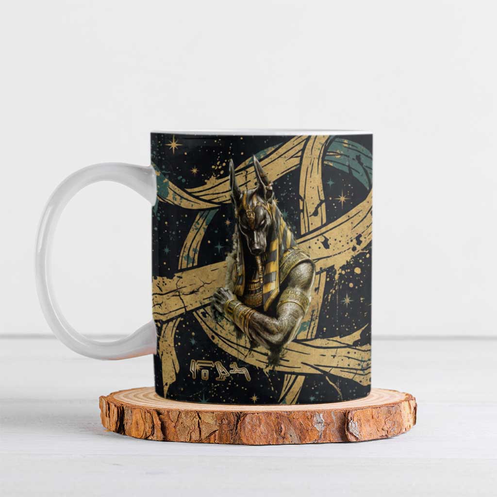 Anubis Ancient Egyptian Ceramic Mug with Starry Mummy Wrap Pattern, Anubis Warrior Illustration, and Pyramid - Wonder Print Shop