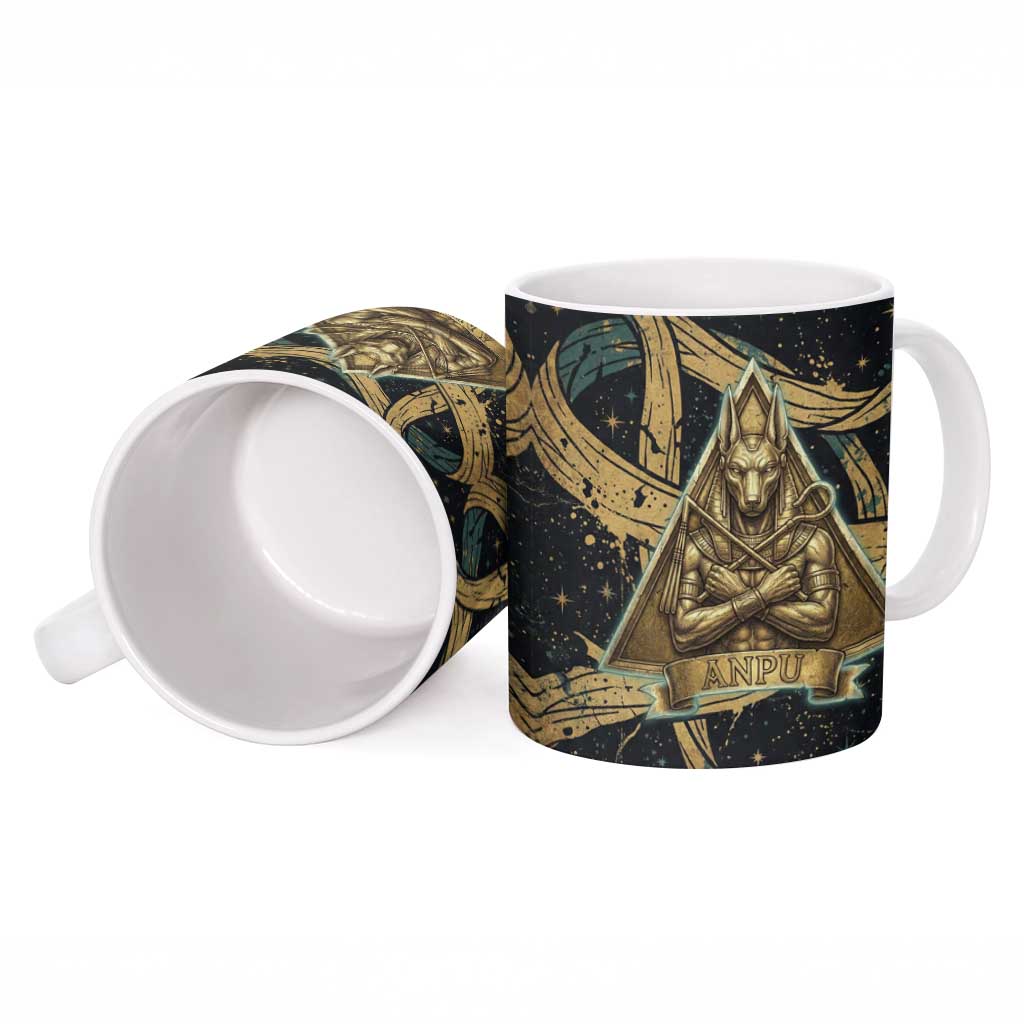 Anubis Ancient Egyptian Ceramic Mug with Starry Mummy Wrap Pattern, Anubis Warrior Illustration, and Pyramid - Wonder Print Shop