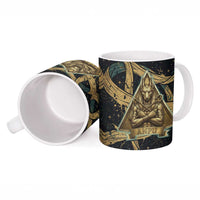 Anubis Ancient Egyptian Ceramic Mug with Starry Mummy Wrap Pattern, Anubis Warrior Illustration, and Pyramid - Wonder Print Shop