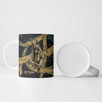 Anubis Ancient Egyptian Ceramic Mug with Starry Mummy Wrap Pattern, Anubis Warrior Illustration, and Pyramid - Wonder Print Shop