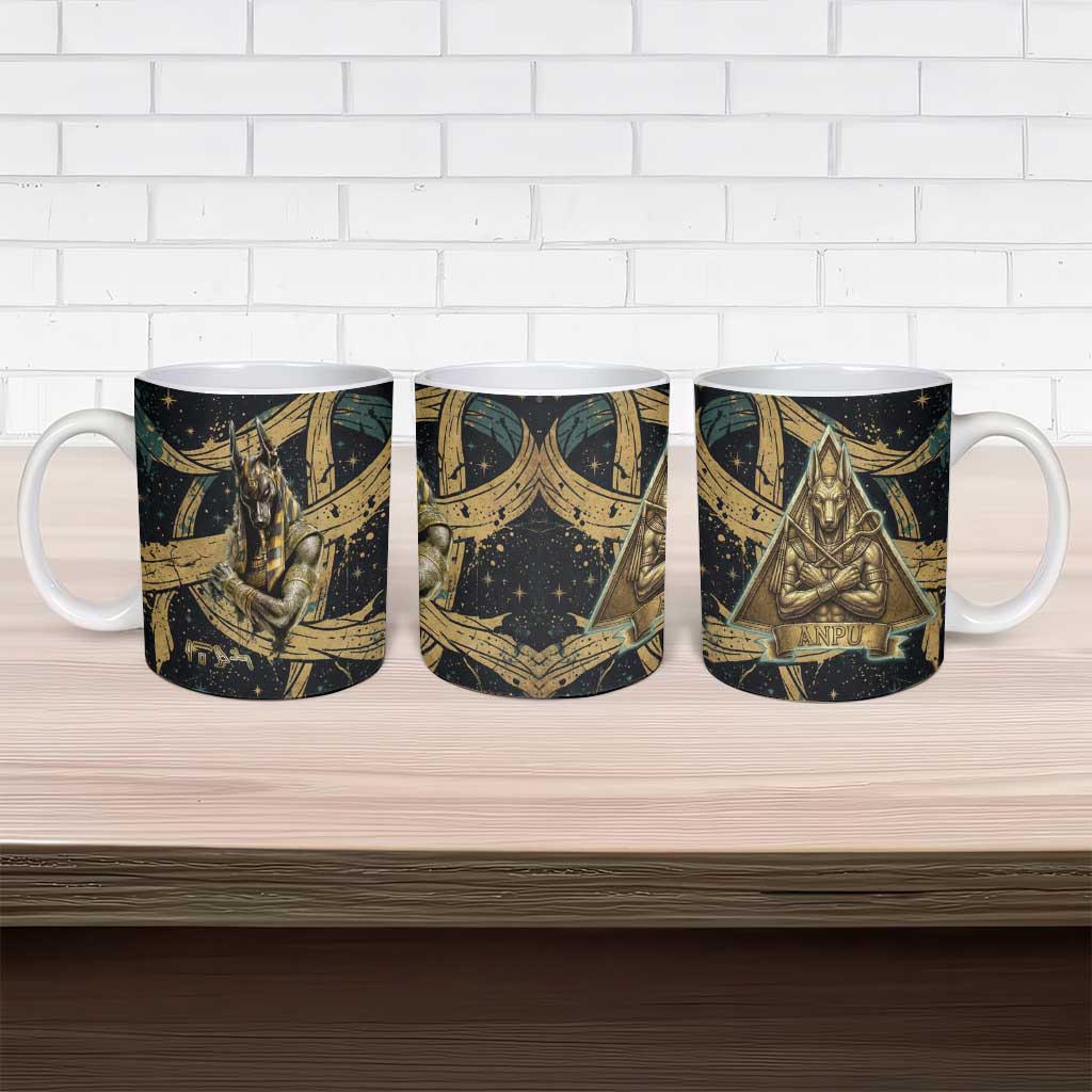 Anubis Ancient Egyptian Ceramic Mug with Starry Mummy Wrap Pattern, Anubis Warrior Illustration, and Pyramid - Wonder Print Shop