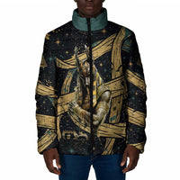 Anubis Ancient Egyptian Padded Jacket with Starry Mummy Wrap Pattern, Anubis Warrior Illustration, and Pyramid - Wonder Print Shop