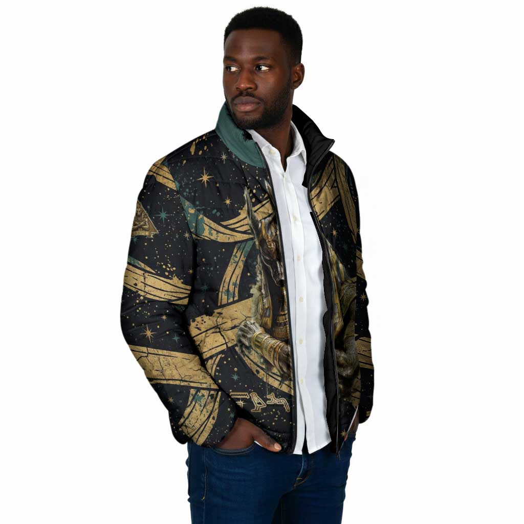 Anubis Ancient Egyptian Padded Jacket with Starry Mummy Wrap Pattern, Anubis Warrior Illustration, and Pyramid - Wonder Print Shop