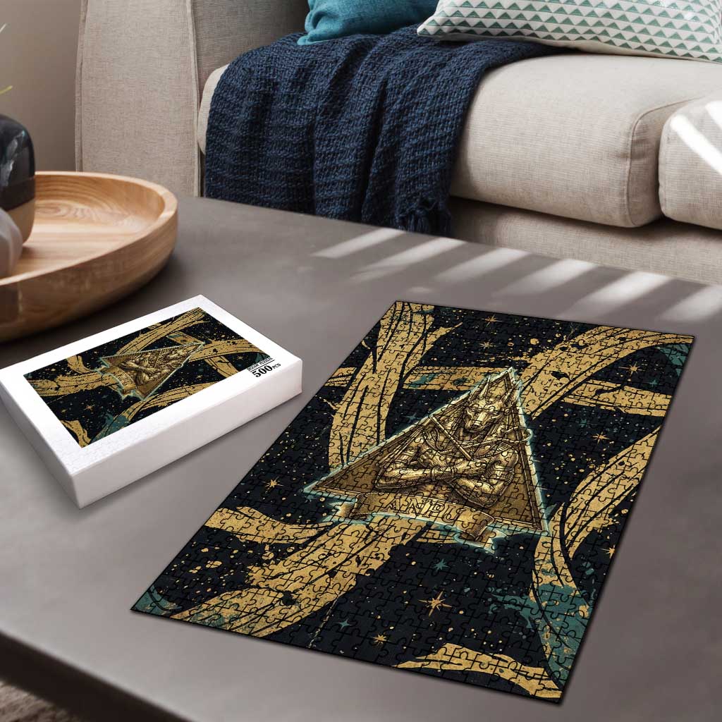 Anubis Ancient Egyptian Puzzle with Starry Mummy Wrap Pattern, Anubis Warrior Illustration, and Pyramid - Wonder Print Shop