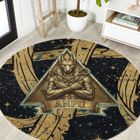 Anubis Ancient Egyptian Round Carpet with Starry Mummy Wrap Pattern, Anubis Warrior Illustration, and Pyramid - Wonder Print Shop