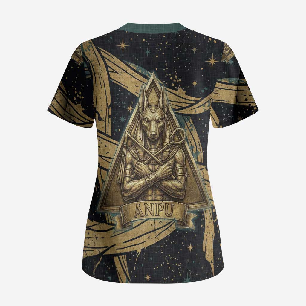 Anubis Ancient Egyptian Scrub Top with Starry Mummy Wrap Pattern, Anubis Warrior Illustration, and Pyramid - Wonder Print Shop
