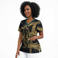 Anubis Ancient Egyptian Scrub Top with Starry Mummy Wrap Pattern, Anubis Warrior Illustration, and Pyramid - Wonder Print Shop