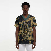 Anubis Ancient Egyptian Scrub Top with Starry Mummy Wrap Pattern, Anubis Warrior Illustration, and Pyramid - Wonder Print Shop
