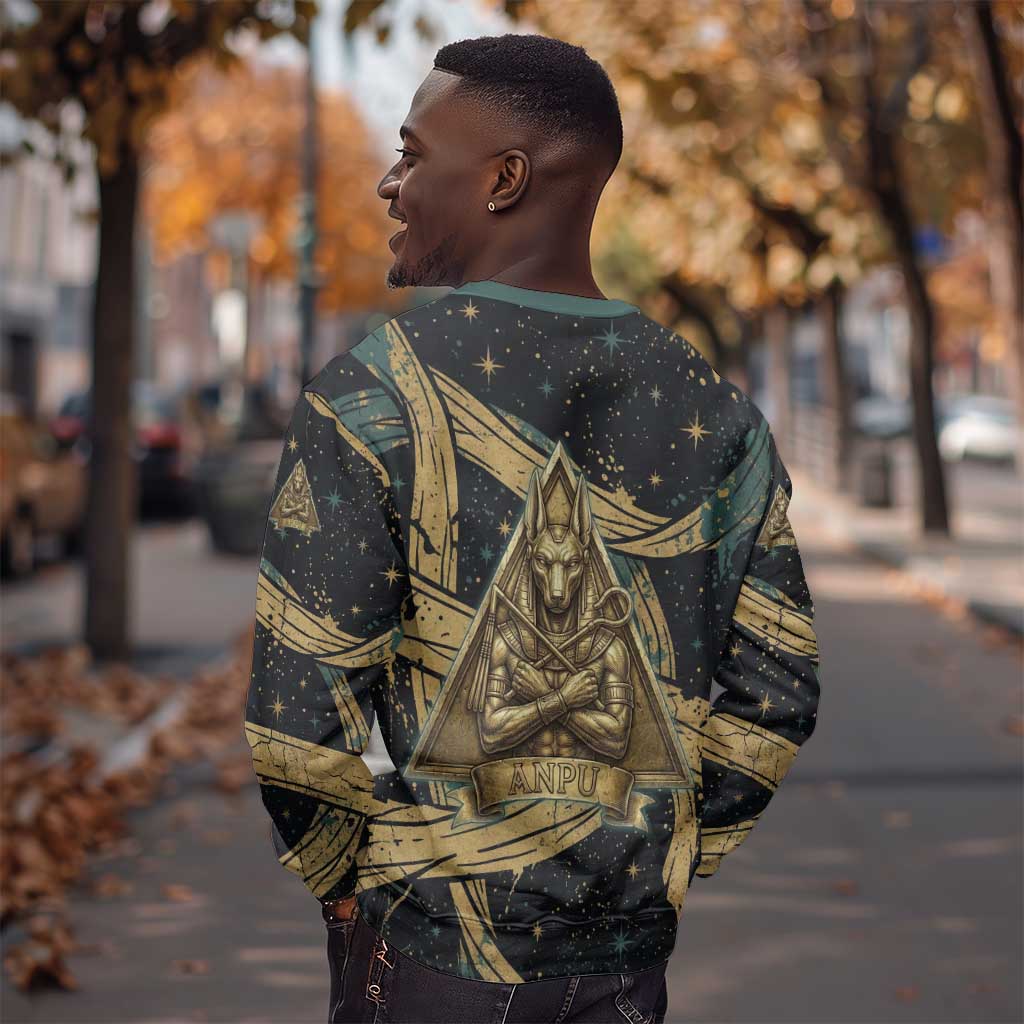 Anubis Ancient Egyptian Sweatshirt with Starry Mummy Wrap Pattern, Anubis Warrior Illustration, and Pyramid - Wonder Print Shop