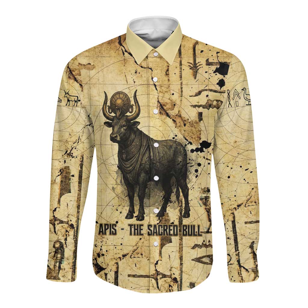 Apis Long Sleeve Button Shirt Ancient Egyptian Papyrus Map, Egyptian Crown Bull Illustration - Wonder Print Shop