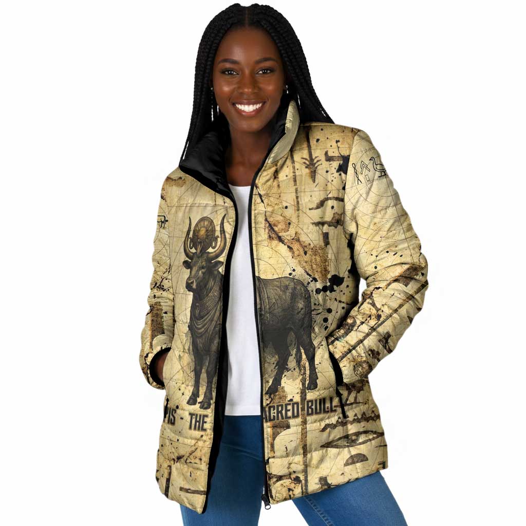 Apis Padded Jacket Ancient Egyptian Papyrus Map, Egyptian Crown Bull Illustration - Wonder Print Shop