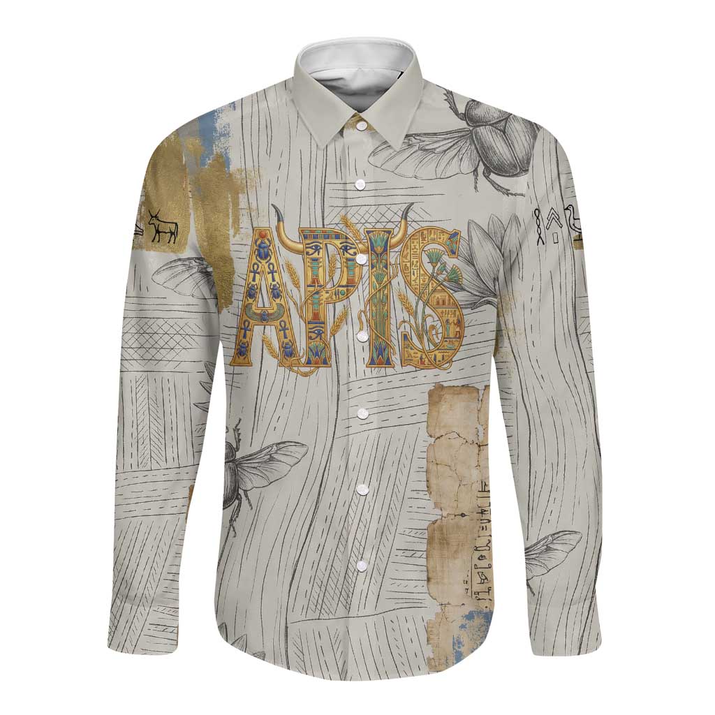 Apis Ancient Egyptian Long Sleeve Button Shirt with Beige-Gray Hieroglyphic, Ornate Bull Head, and Gold-Blue Typography - Wonder Print Shop