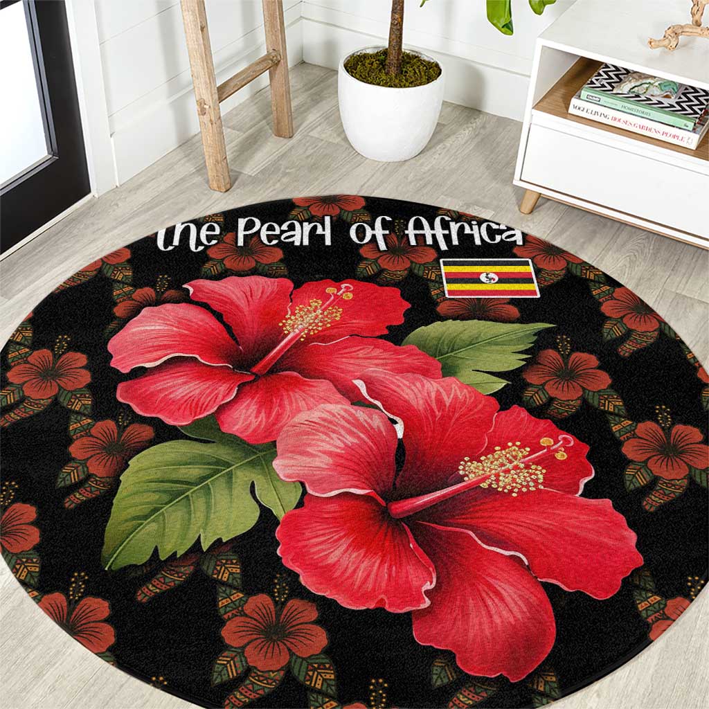 Uganda Round Carpet with Hibiscus Flower Pattern and The Pearl of Africa Text