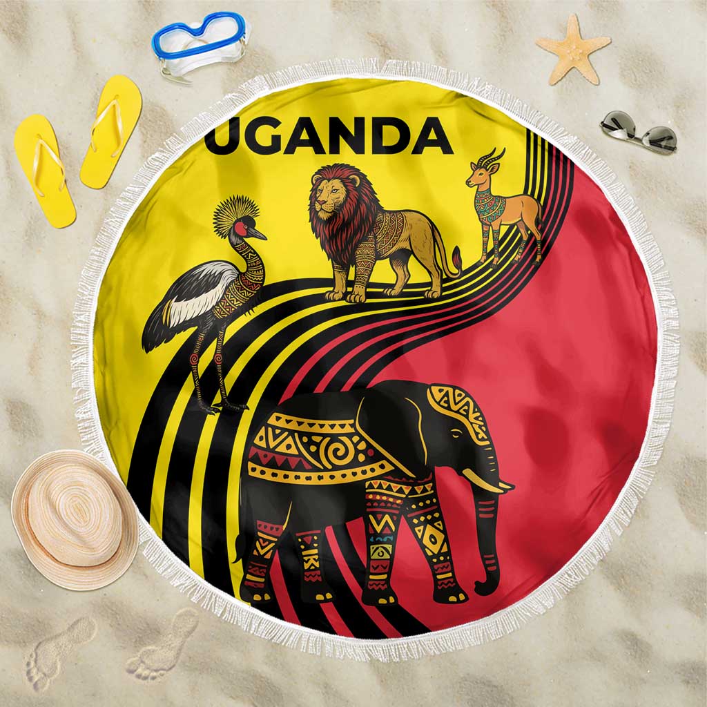Uganda Beach Blanket with African Wildlife Elephant Lion and Crane in Tribal Pattern Design