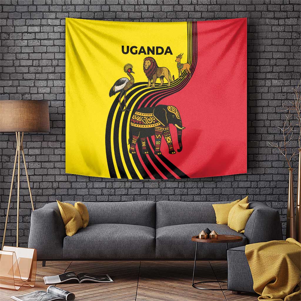 Uganda Tapestry with African Wildlife Elephant Lion and Crane in Tribal Pattern Design