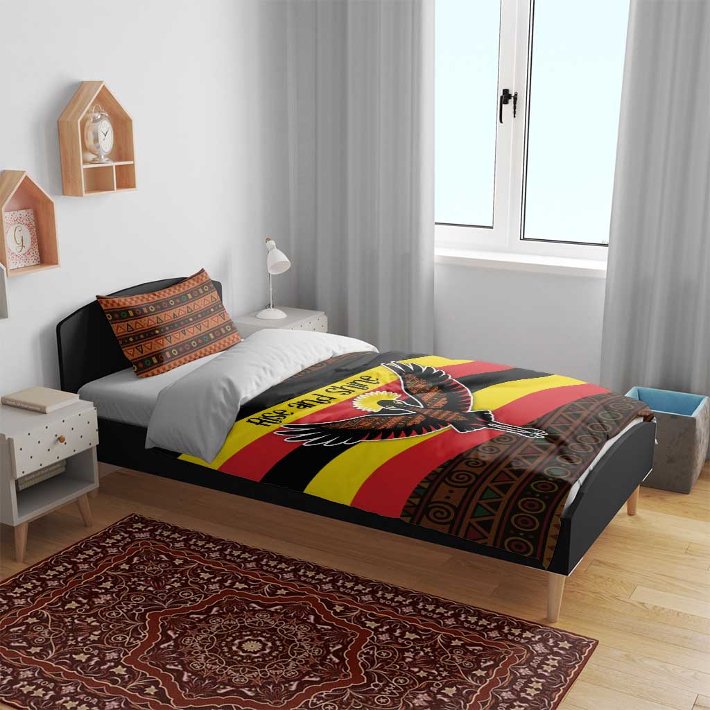Uganda Bedding Set with Crested Crane and Rise and Shine Tribal Pattern Design