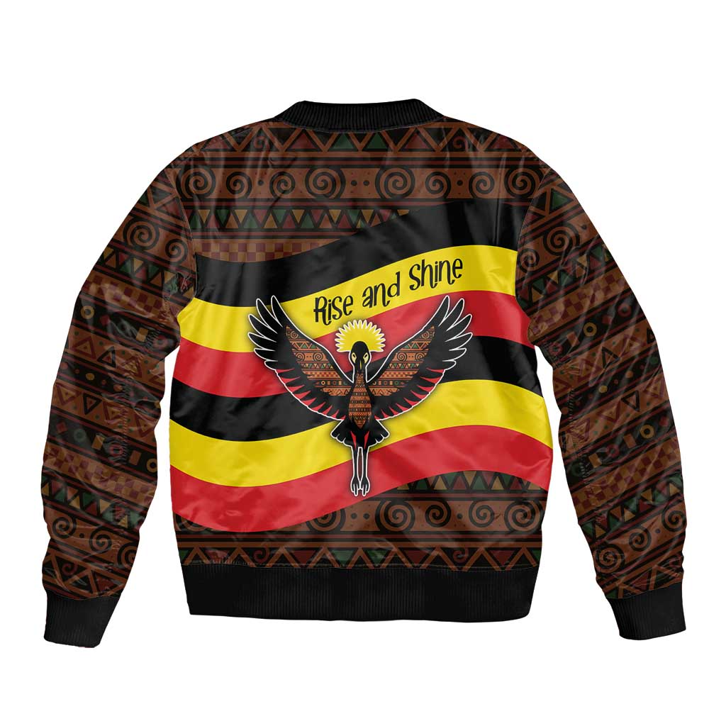 Uganda Bomber Jacket with Crested Crane and Rise and Shine Tribal Pattern Design