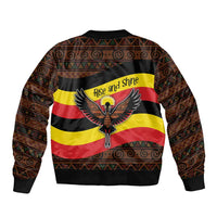 Uganda Bomber Jacket with Crested Crane and Rise and Shine Tribal Pattern Design