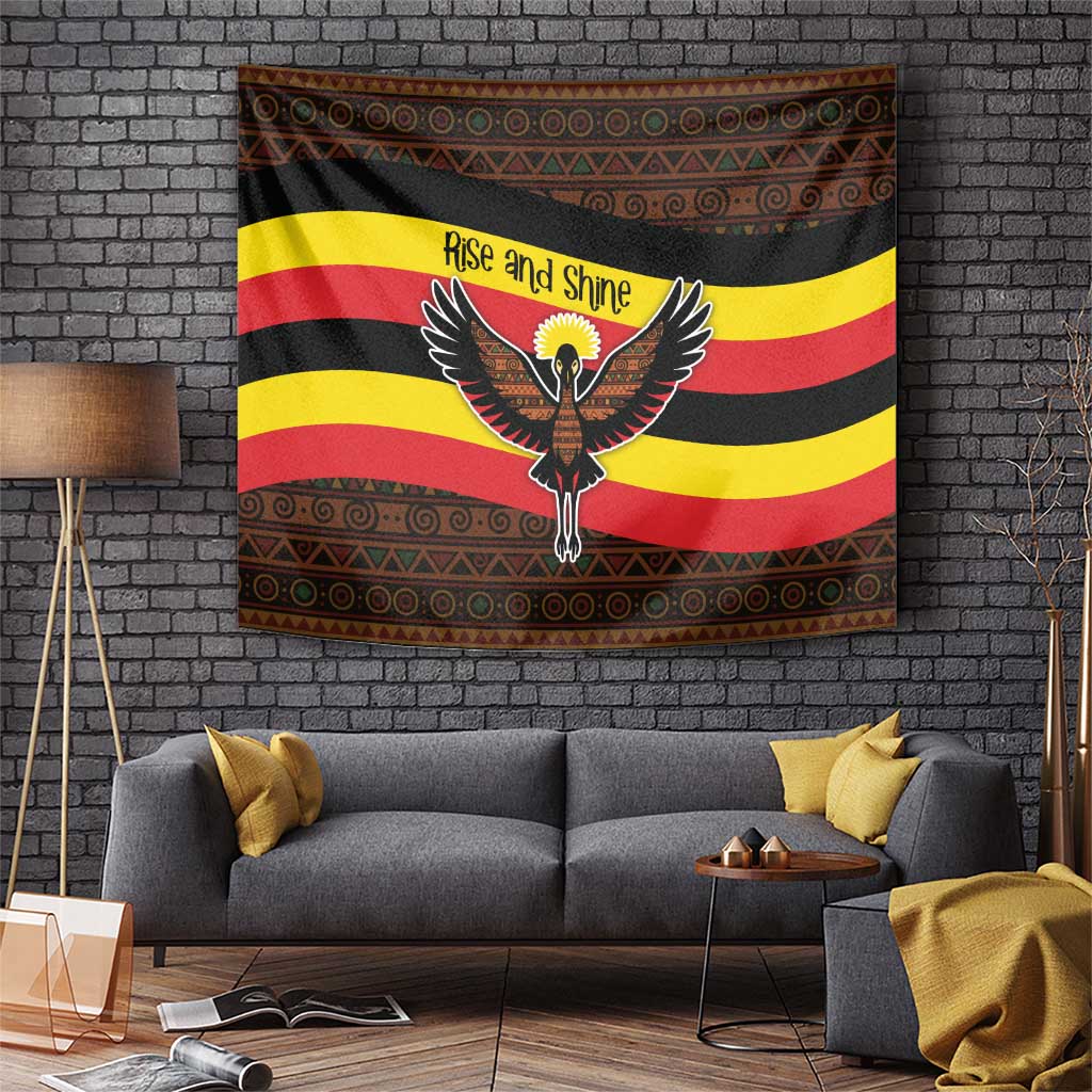 Multicolor tapestry wall hanging with eagle, “Rise and Shine” and striped tribal border.