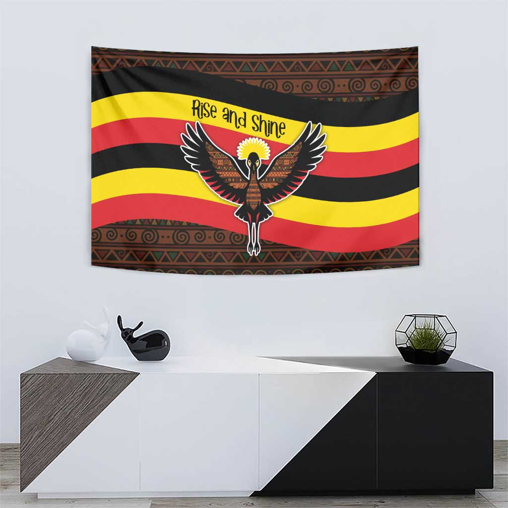 Multicolor wall tapestry with eagle graphic, “Rise and Shine” text, and tribal border stripes.