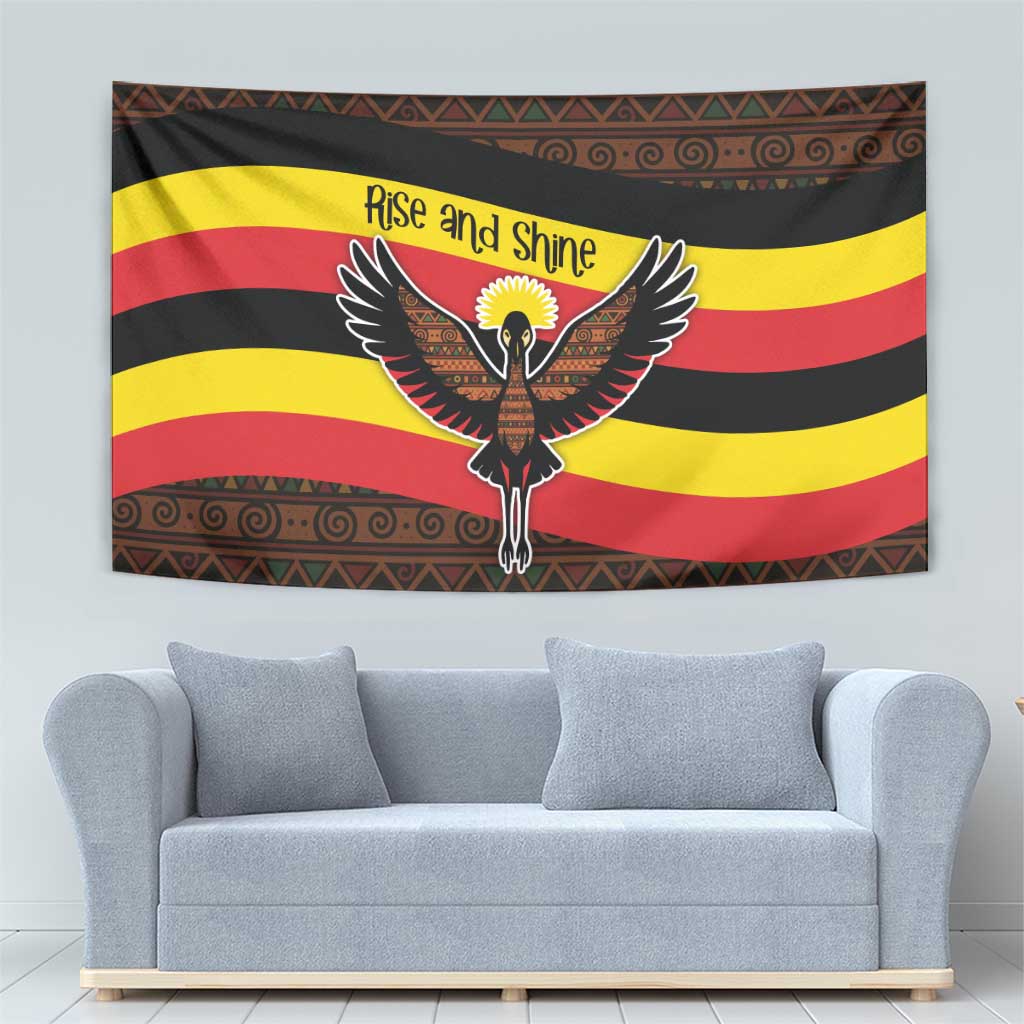 Multicolor eagle tapestry wall hanging with “Rise and Shine” text and horizontal striped design.