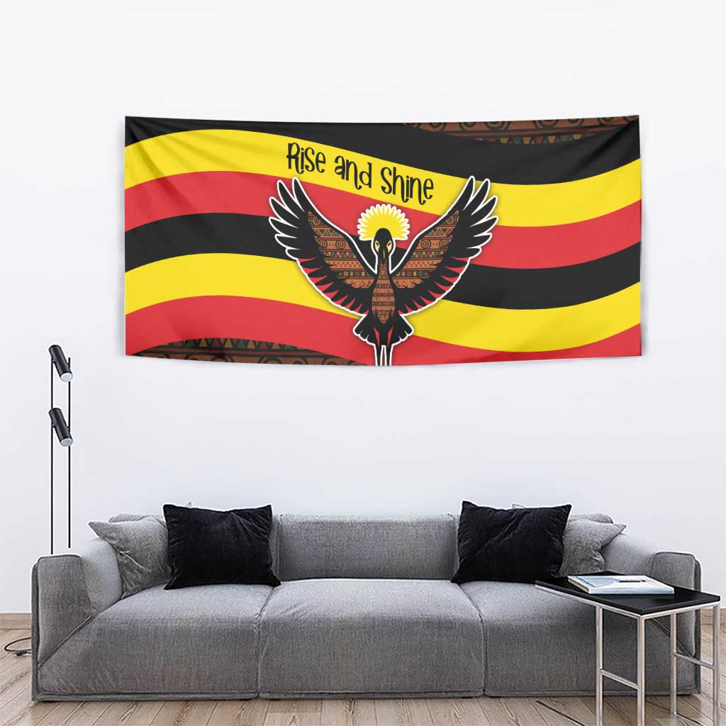 Multicolor rectangular tapestry showing an eagle with “Rise and Shine” and striped tribal frame.