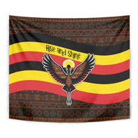 Close-up multicolor tapestry with eagle, “Rise and Shine” lettering, and tribal border band.