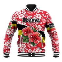 Unisex baseball jacket, red with white hibiscus print, Uganda flag panels, ribbed trim