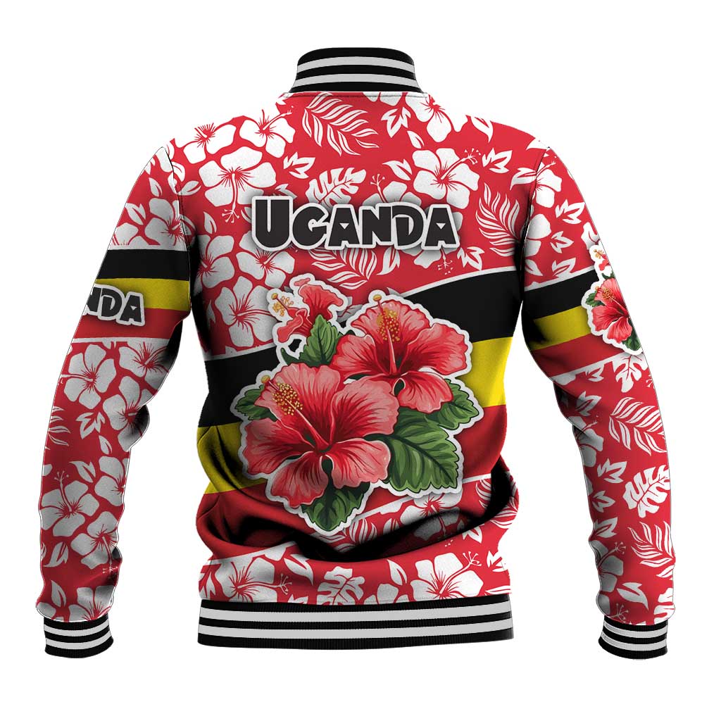 Unisex baseball jacket back, Uganda logo, red hibiscus print, flag stripes, ribbed cuffs