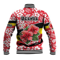Unisex baseball jacket back, Uganda logo, red hibiscus print, flag stripes, ribbed cuffs