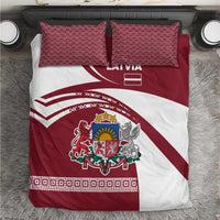 Red and white Latvia bedding set with folk pattern pillows and coat of arms on duvet