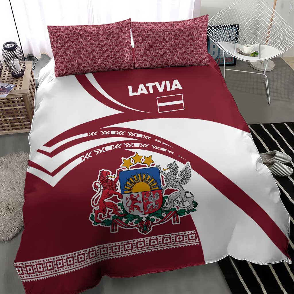 Red and white Latvia duvet with crest coat of arms, flag stripes, and patterned pillowcases