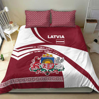 Red and white Latvia bedding set: duvet with crest coat of arms, flag stripes, two pillows