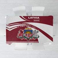 Red and white Latvia tablecloth with national coat of arms and folk stripe patterns