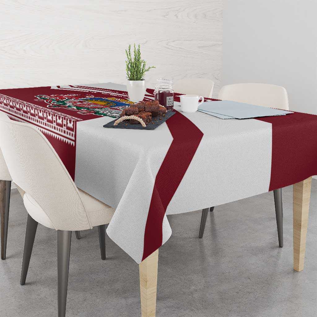 Red and white folk patterned Latvia tablecloth with wide stripe and emblem center