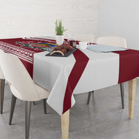 Red and white folk patterned Latvia tablecloth with wide stripe and emblem center