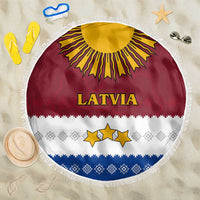 Latvia Beach Blanket with Three Stars Design and Traditional Pattern Details