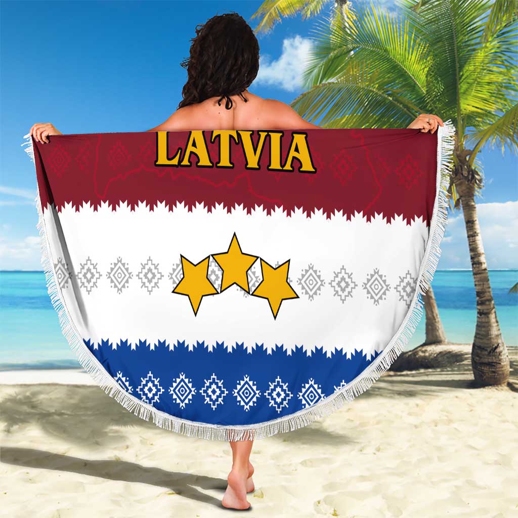Latvia Beach Blanket with Three Stars Design and Traditional Pattern Details