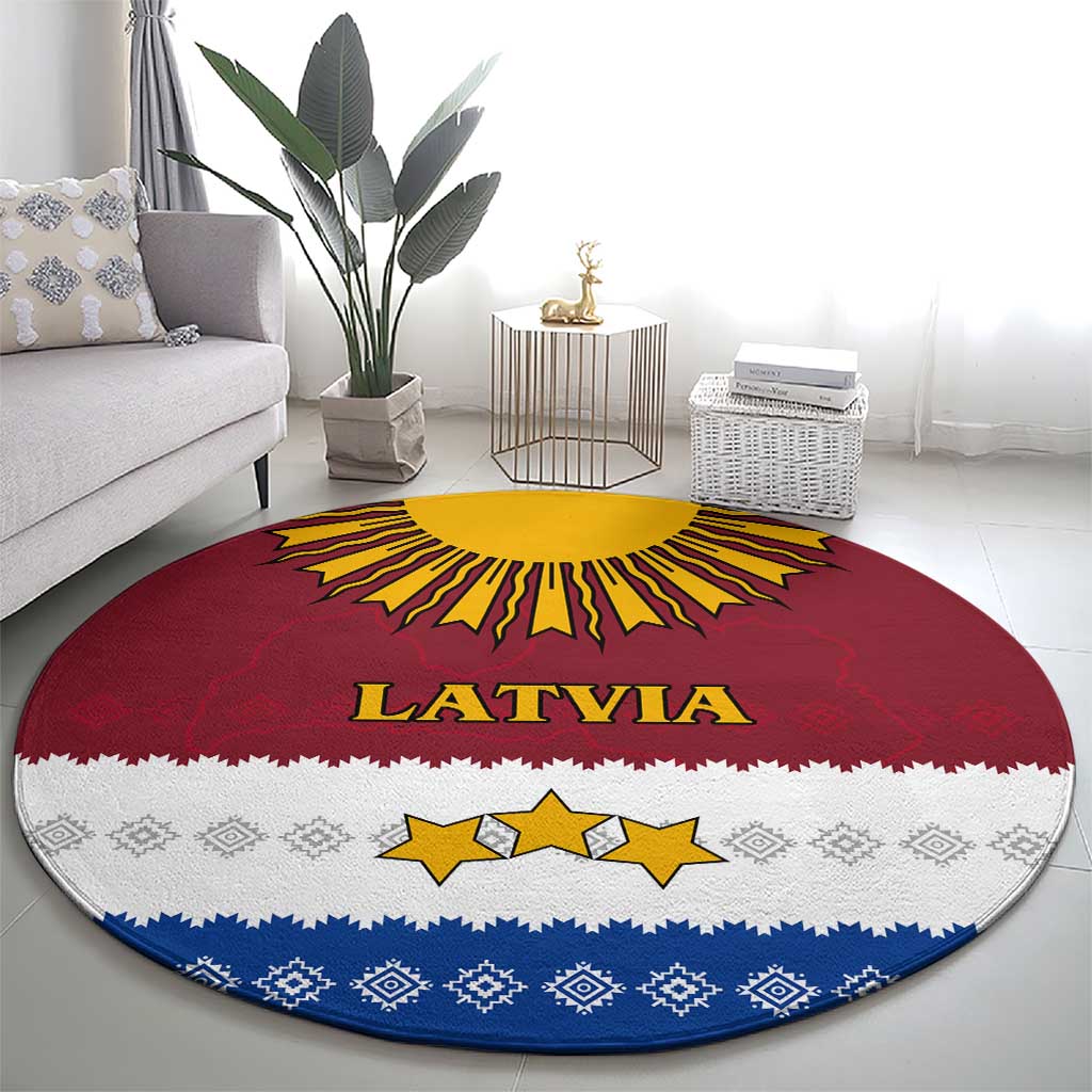 Latvia Round Carpet with Three Stars Design and Traditional Pattern Details