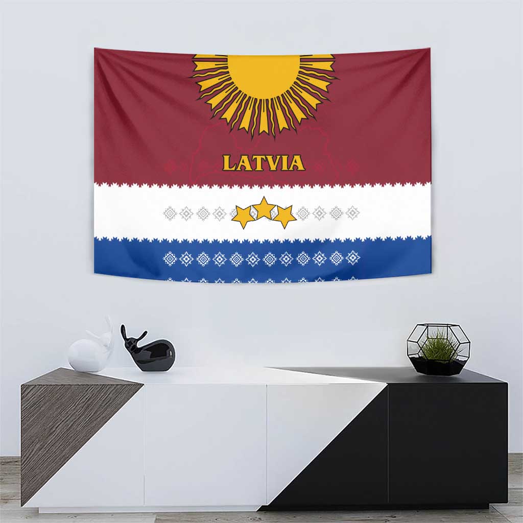 Latvia Tapestry with Three Stars Design and Traditional Pattern Details