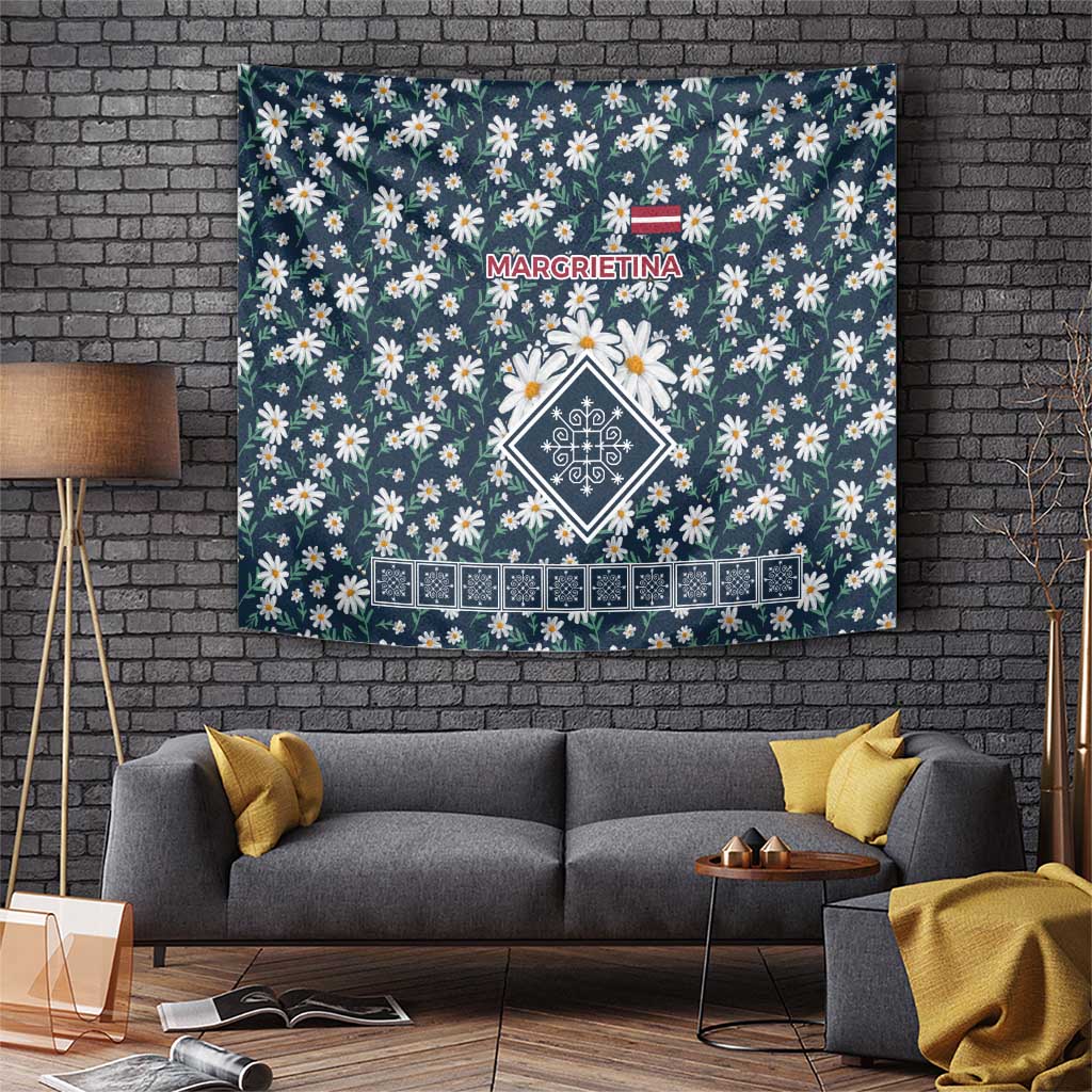 Latvia Tapestry with Margrietina Daisy and Ethnic Pattern – Latvia in Bloom Floral Design