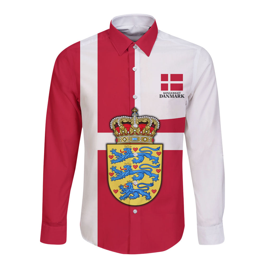 Personalized Denmark Coat Of Arms Long Sleeve Button Shirt Danish Flag Heritage Graphic With Crown Symbolism
