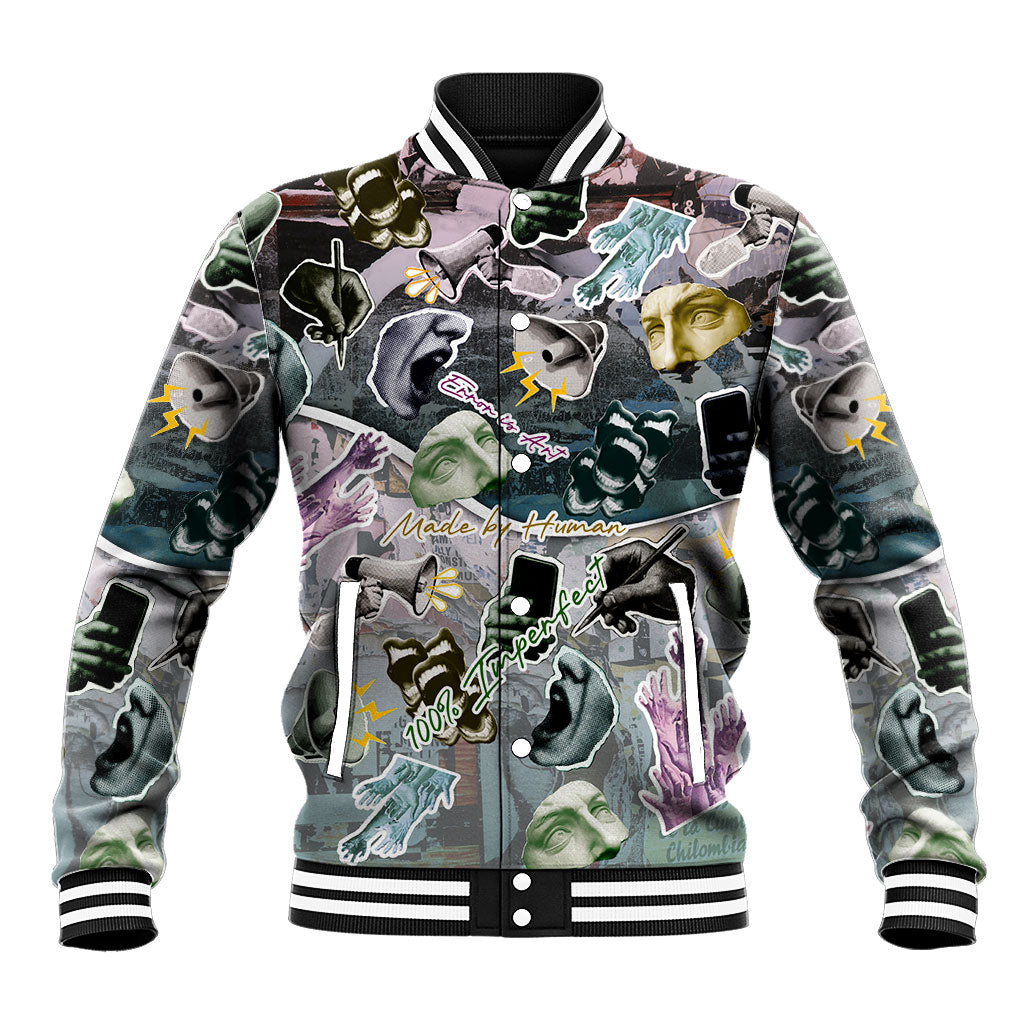 Personalized Made By Human Imperfect Statue Faces Baseball Jacket Handmade Look Grunge Collage Pop Art